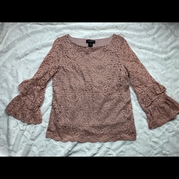 Liz Claiborne Blush Pink Lace Bell Sleeve Blouse size MT - Picture 4 of 11